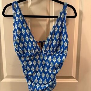 J. Crew Blue and White ruched plunge tankini size large